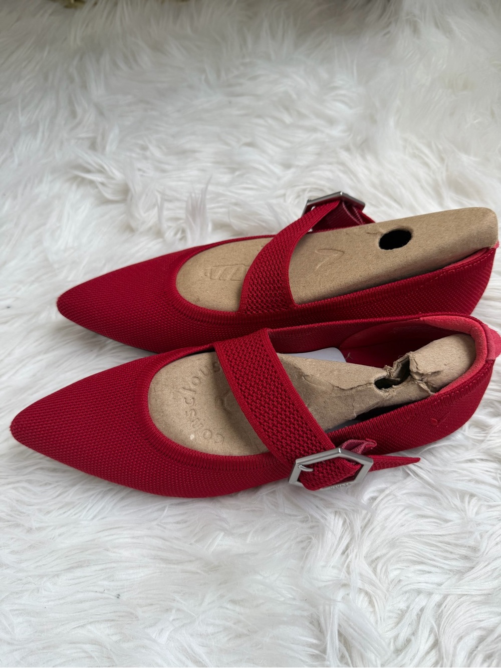 Women’s Red Knit Mary Jane Flats with Stretch Strap - Picture 2 of 3
